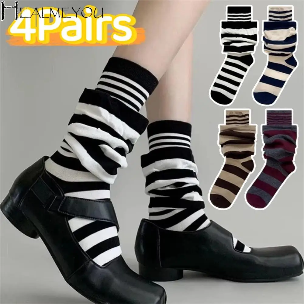 

4Pairs Simple Fake Two Piece Ruffle Stripe Stocking Warm Patchwork Women's Leg Warmers Soft Elastic Mid-tube Socks Girl