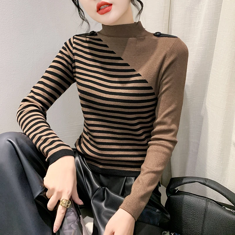 #4336 Winter Knitted Sweater Pullover Women Split Joint Striped Knitted Sweater Female Korean Style Outerwear Half Turtleneck