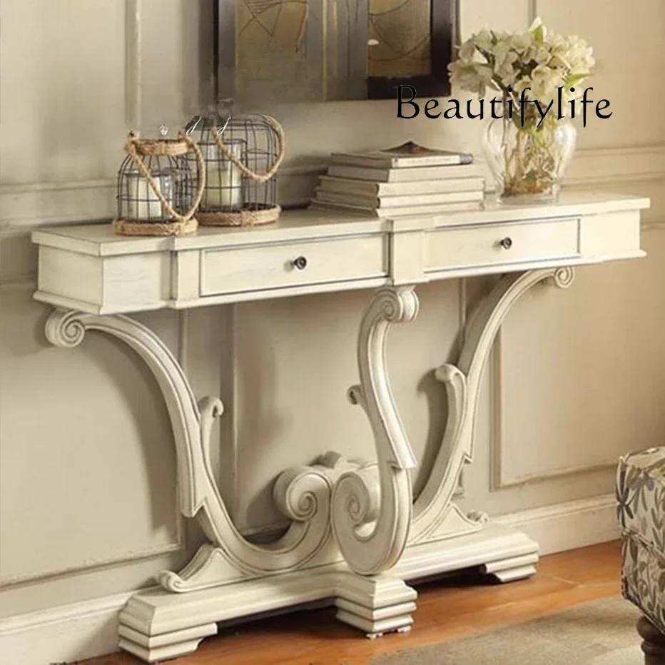 O10 American Retro Old Solid Wood Entrance Table European Decorative Cabinet Simple Foyer French End View Table