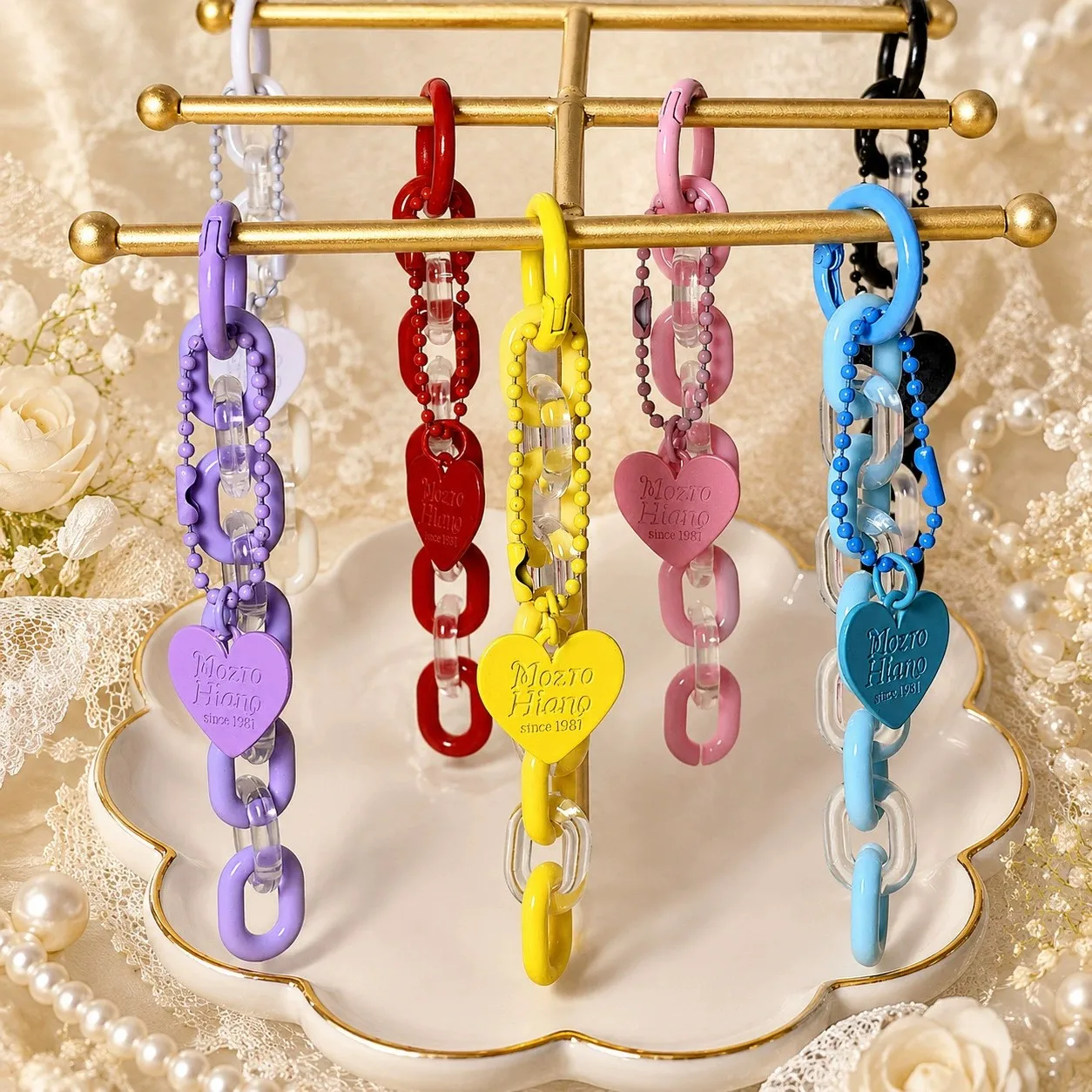 5/10/30pcs Candy Color Acrylic Chain Keychain with Heart Pendant for Backpack Bag Charms Phone Lanyard Decor DIY Accessories