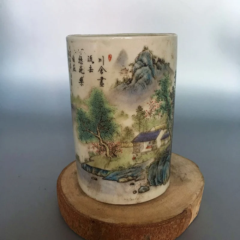 

Daqing Guangxu Pastel Landscape Pen Holder Antique Decoration Old Porcelain Vintage Antique Antique Antique Study Desk