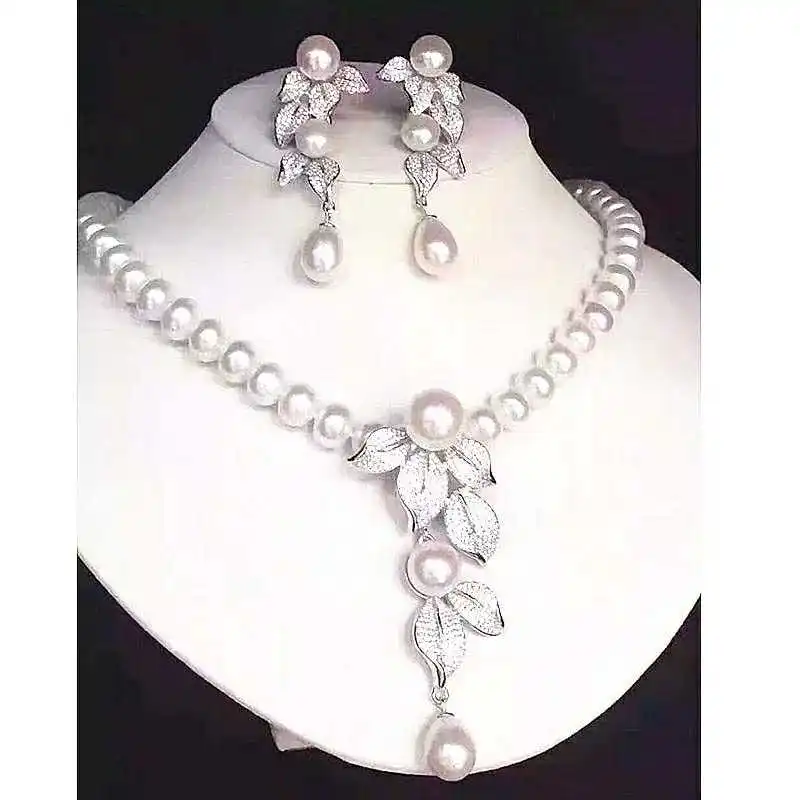 

Jewelry 8-9mm natural sea white pearl leaf flowers necklace earring micro inlay zircon crystal