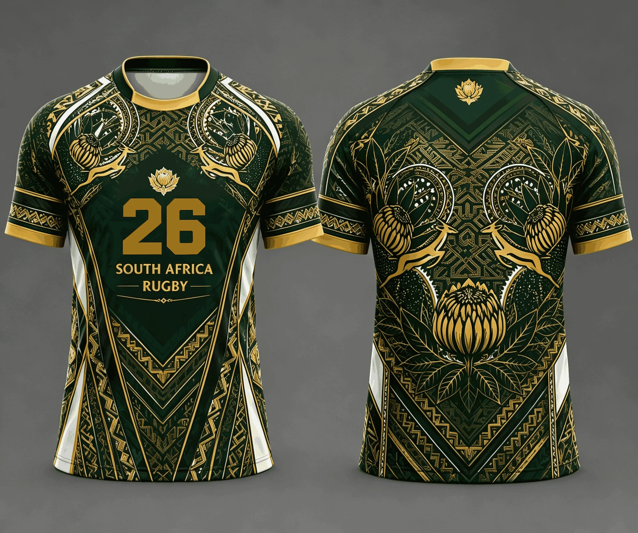 Men SA Rugby 95 Number Print T‑Shirt, Green Gold African Protea Tribal Graphic Tee, Retro Sports Short Sleeve Top, Gift for Men