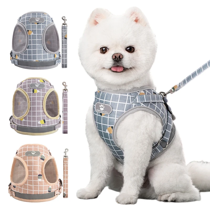 Arnés reflectante de malla transpirable para perros pequeños con correa Pug Chihuahua Bulldog Francés arnes perro cachorro gato chaleco arnés Collar