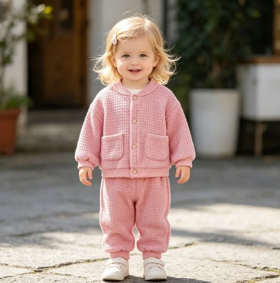 Soft Waffle Knit Toddler Two Piece Outfit Round Neck Button Cardigan Cuff Pant Baby Daily Clothes