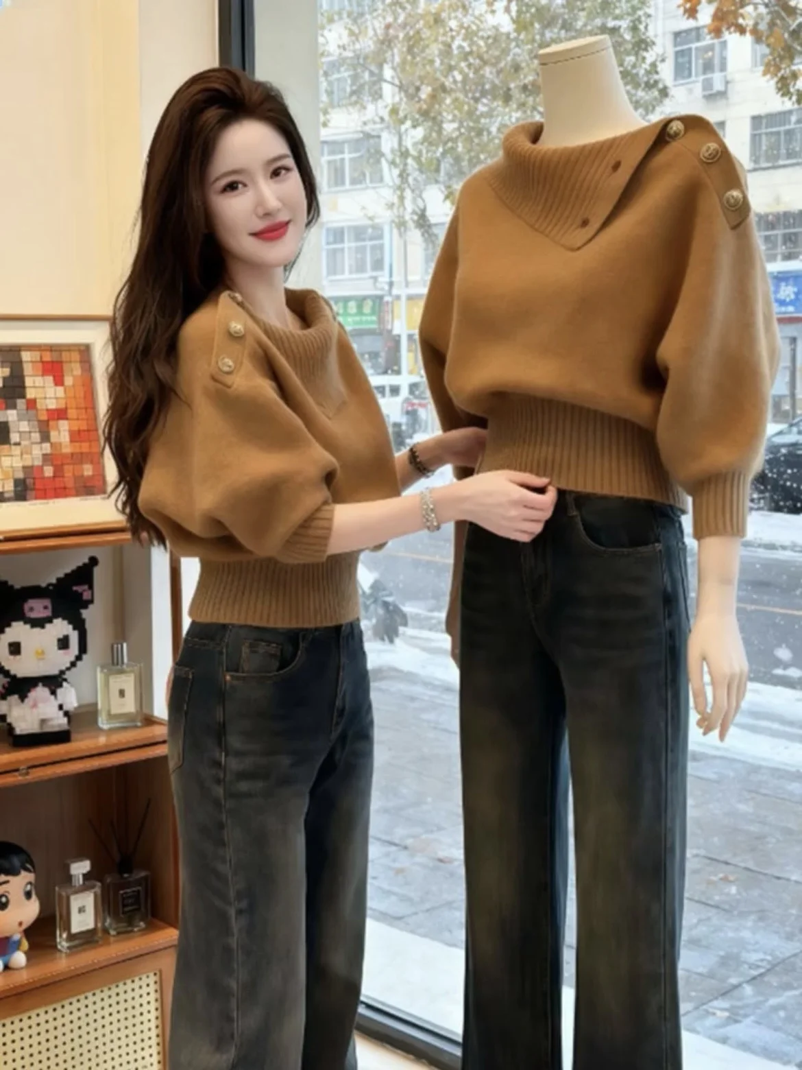 

Sli коричневый свитер с высоким вырезом, женский осенне-зимний внутренний свитер, верхняя одежда, мягкий свободный длинный трикотаж с завязкой на талии