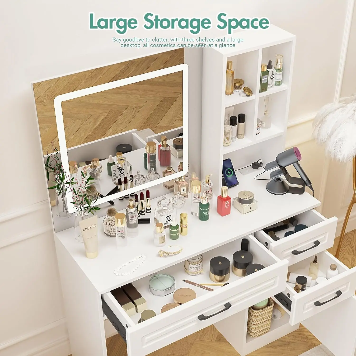 **/Table Set, HD Lighted Mirror Vanity Desk With Power Outlet And LED Strip 3-Color Adjustable Makeup Mirror With Drawers