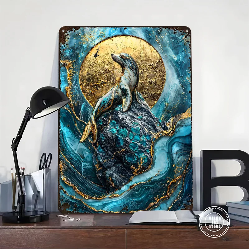 Golden Majesty of the Waves Printed Posters Customizable Wall Art Retro Vintage Metal Tin Signs for Home Room Setup Decorations