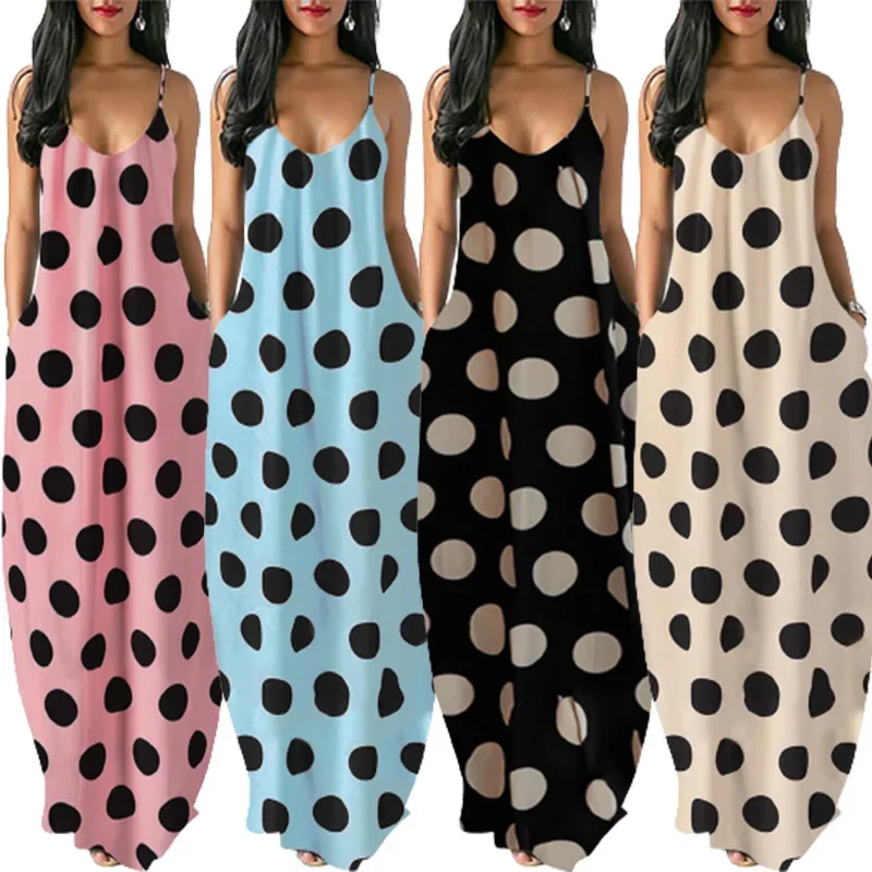 

Women's Casual Comfortable Loose Home Minimalist Summer Plus Size Digital Print Polka Dot Deep V-neck Suspender Princess Dress
