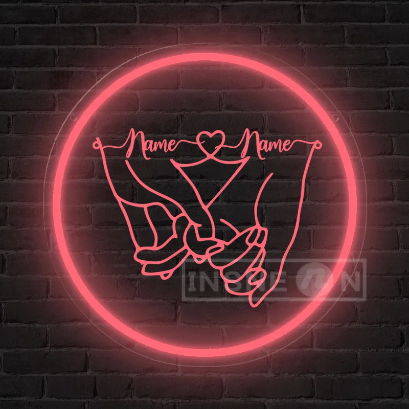 Customizable LED Neon Sign Wall Art Personalized Couple Hand-in-Hand Design with Names USB Powered for Weddings Romantic Gift