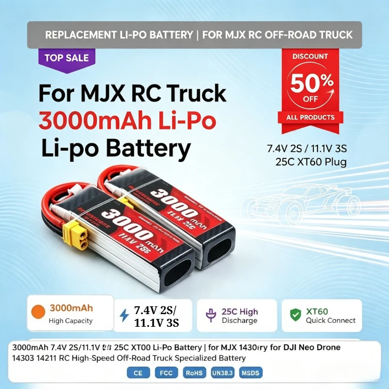 3000mAh 7.4V 2S/11.1V 3S 25C XT60 Li-Po Battery Replacement for MJX 14303 14211 RC High-Speed Off-Road Truck Specialized Battery