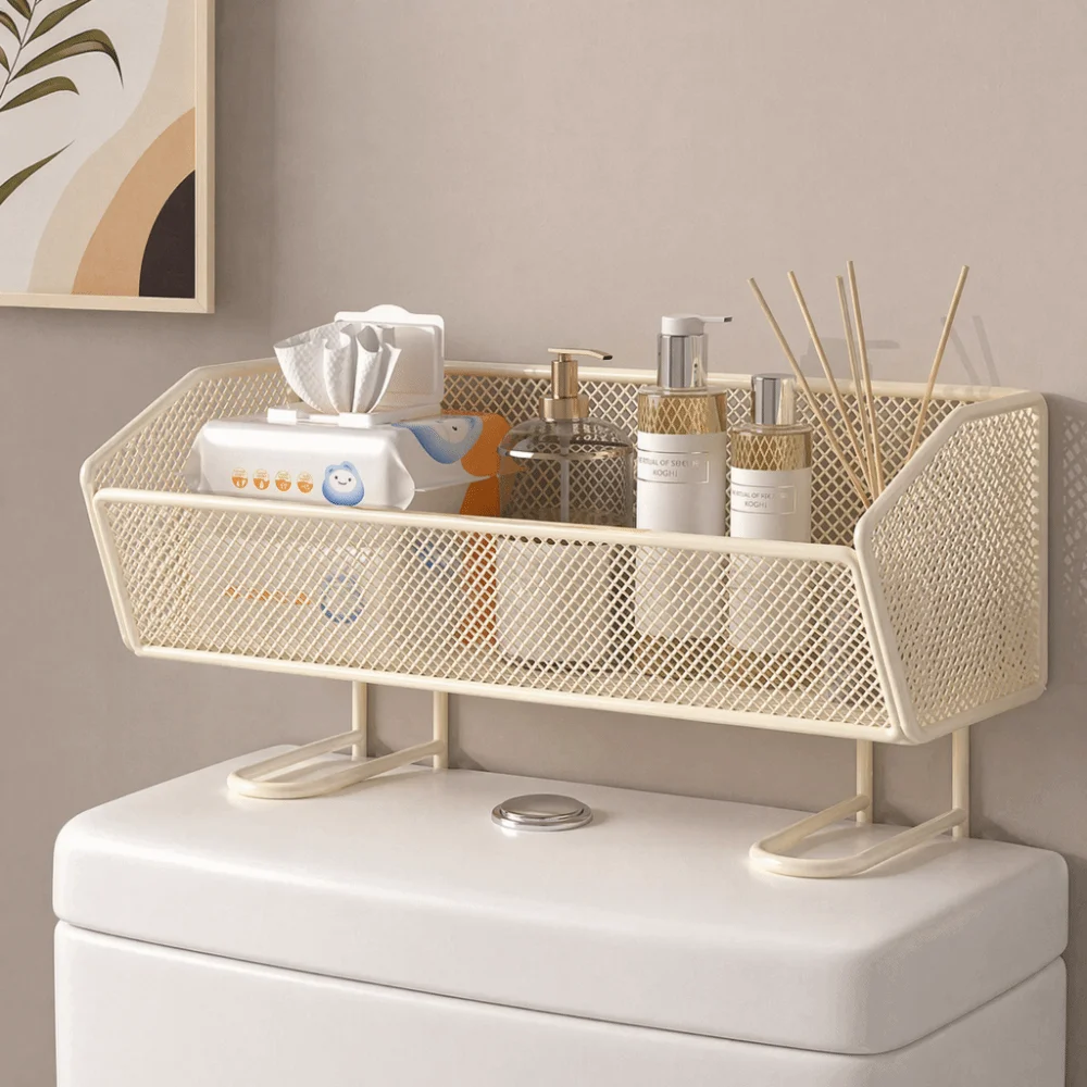 Compact Punch-Free Toilet Storage Shelf Lattice Mesh Open-Top Over-The-Toilet Shelf Large Capacity Metal Bathroom Storage Rack