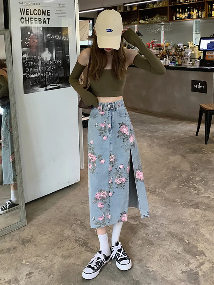 2022 Spring And Summer Trendy Flower Split Denim Skirt Women's 5XL Slightly Fat MM Thin Bag Hip Mid-length A-line Skirt