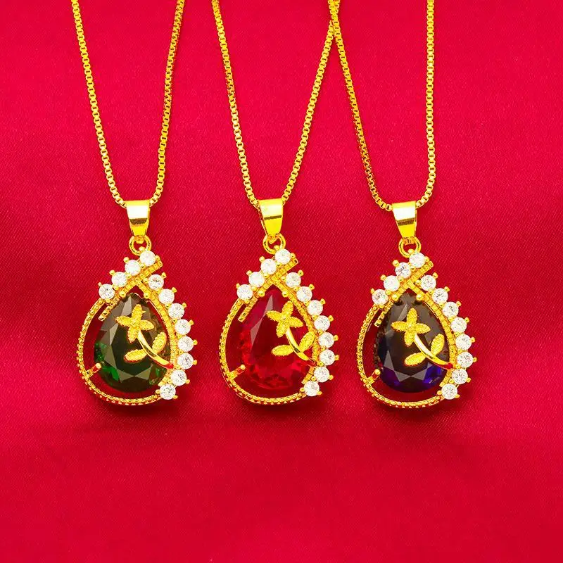 

24K Gold Micro-Zircon Women's Pendant, AU999 Pure - European Waterdrop-Flower Style, Zircon Fire , Neck Luxury Accent