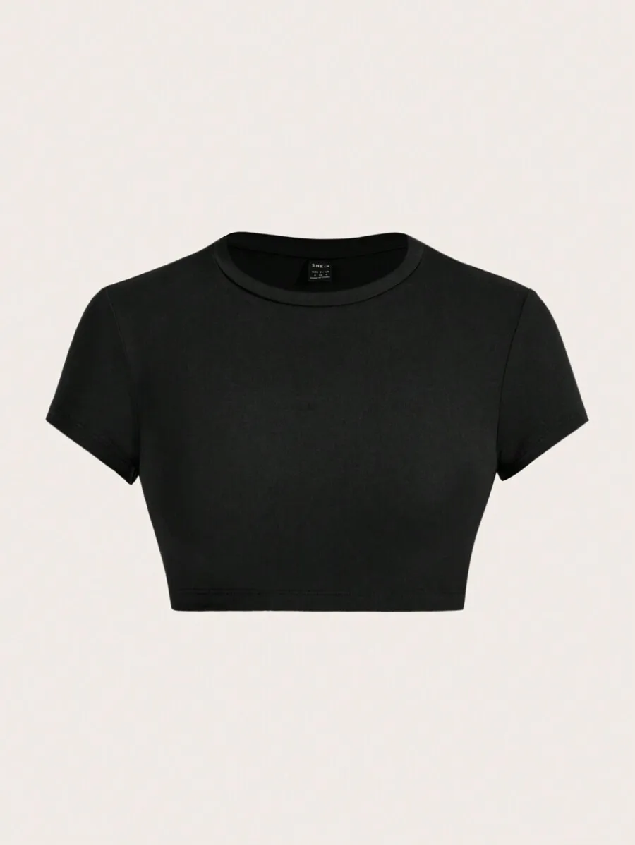 

Black Basic Crop Top for Women, Short Sleeve Round Neck Summer Tee
