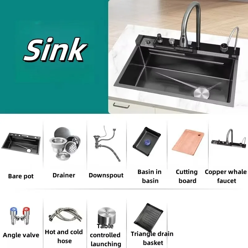 Hot Sale Anti-Scratch Multi Function Kitchen Sink Digital Double Waterfall Workstation Stainless Steel Handmade Kitchen Sink