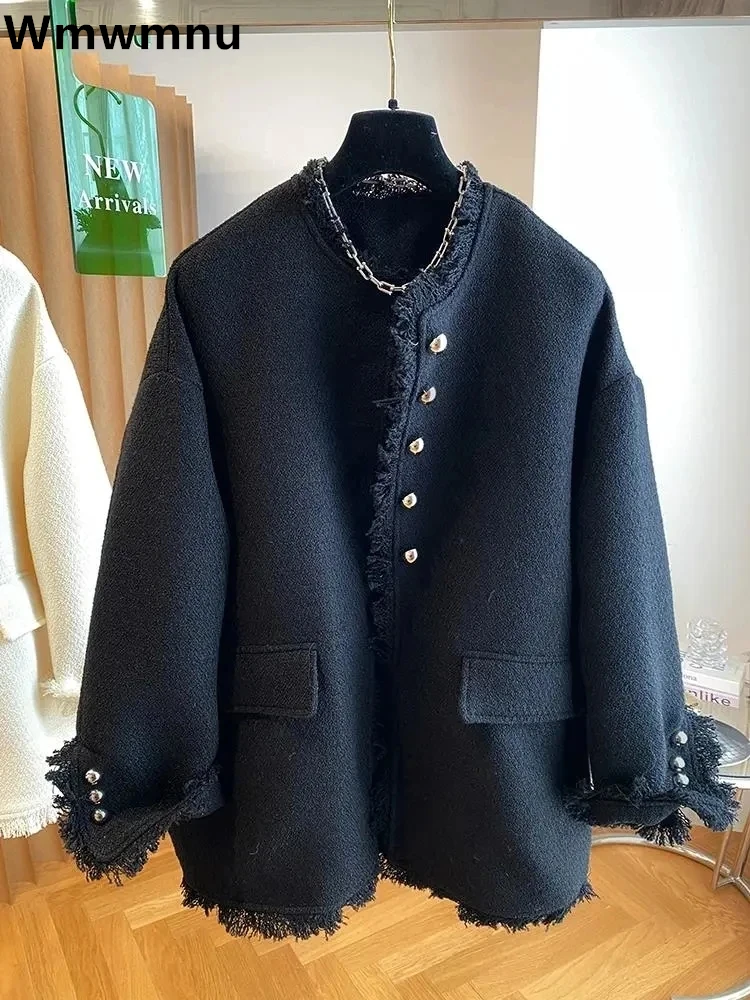 

Loose Tweed Tassel Design Chaquetas Woolen Vintage Casual Jaqueta Wool Blend Coats Elegant Korean Fashion Women O-neck Jackets