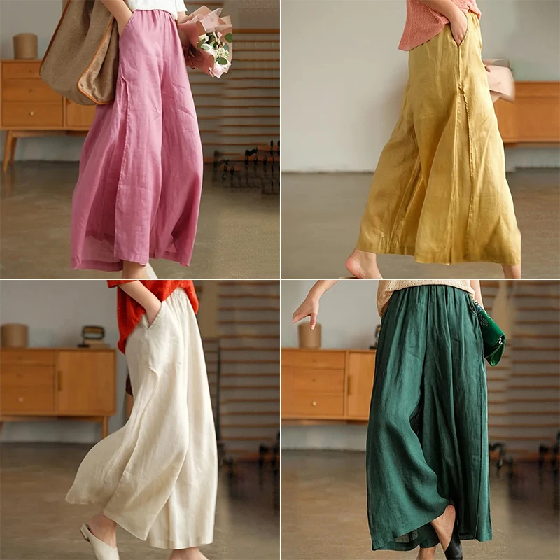 

Summer Loose Bloomers Women Summer Cotton Linen Pants Casual Fashion Elastic Waist Wide Leg Pants Elegant Straight Trousers