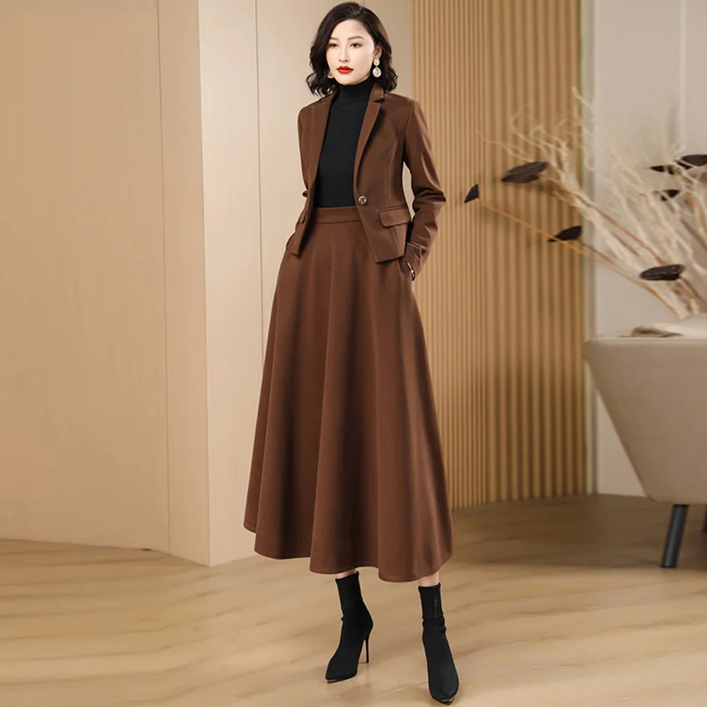 New Women Woolen Blazer Skirt Suits Spring Autumn Elegant Fashion Slim Wool Coat And A-Line Long Skirt Two-pieces Set Female