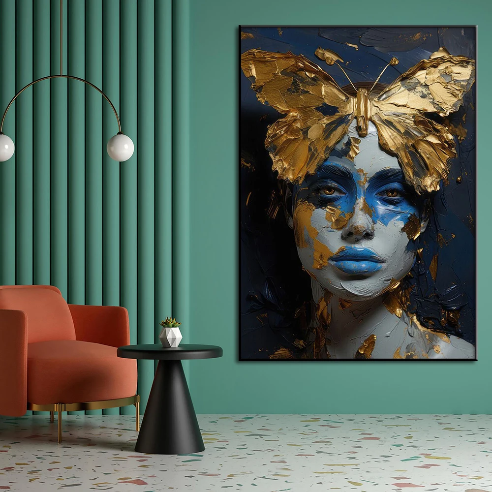 Butterfly Girl Painting Modern Abstract Large Luxury Wall Art Canvas Poster Print Purple Golden Blue Portrait Picture Home Decor