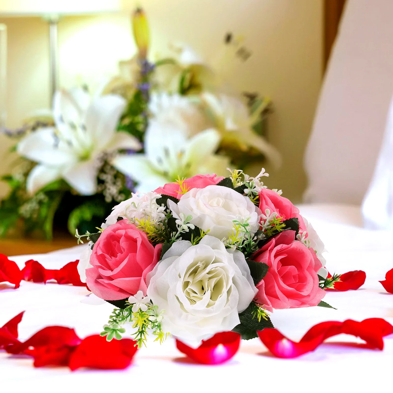 

White Artificial Rose Flower Ball Arrangement Fake Bouquet Wedding Centerpieces Tabletop Gardens DIY Crafts