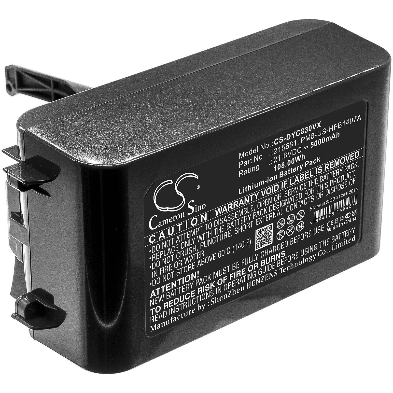 CS Replacement Battery for Dyson V8,V8 Animal,V8 Absolute,V8 range,V8 Animal Exclusive,V8 Absolute  PN:215681 5000mAh / 108Wh
