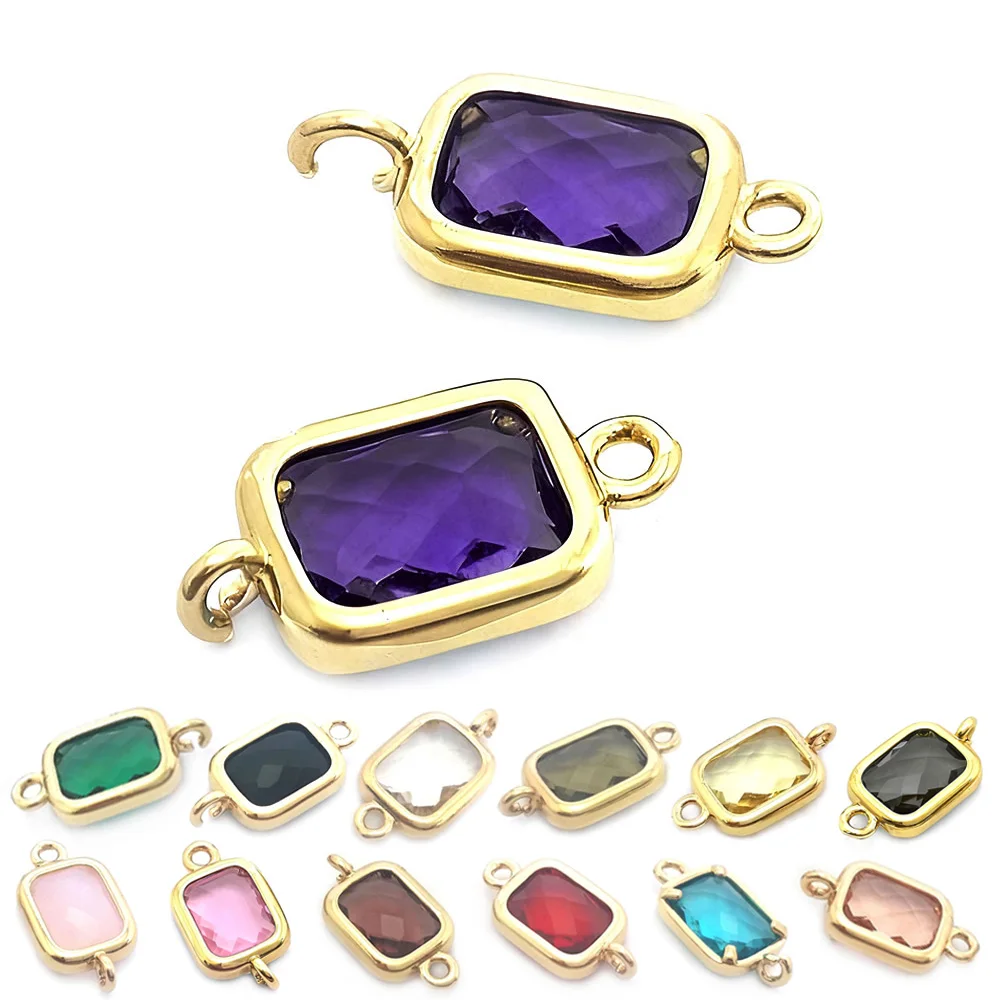 10PCS 6x8MM High Quality 18K Gold Color Brass and Glass 2 Holes Rectangle Connect Charms Pendants Jewelry Diy Accessories