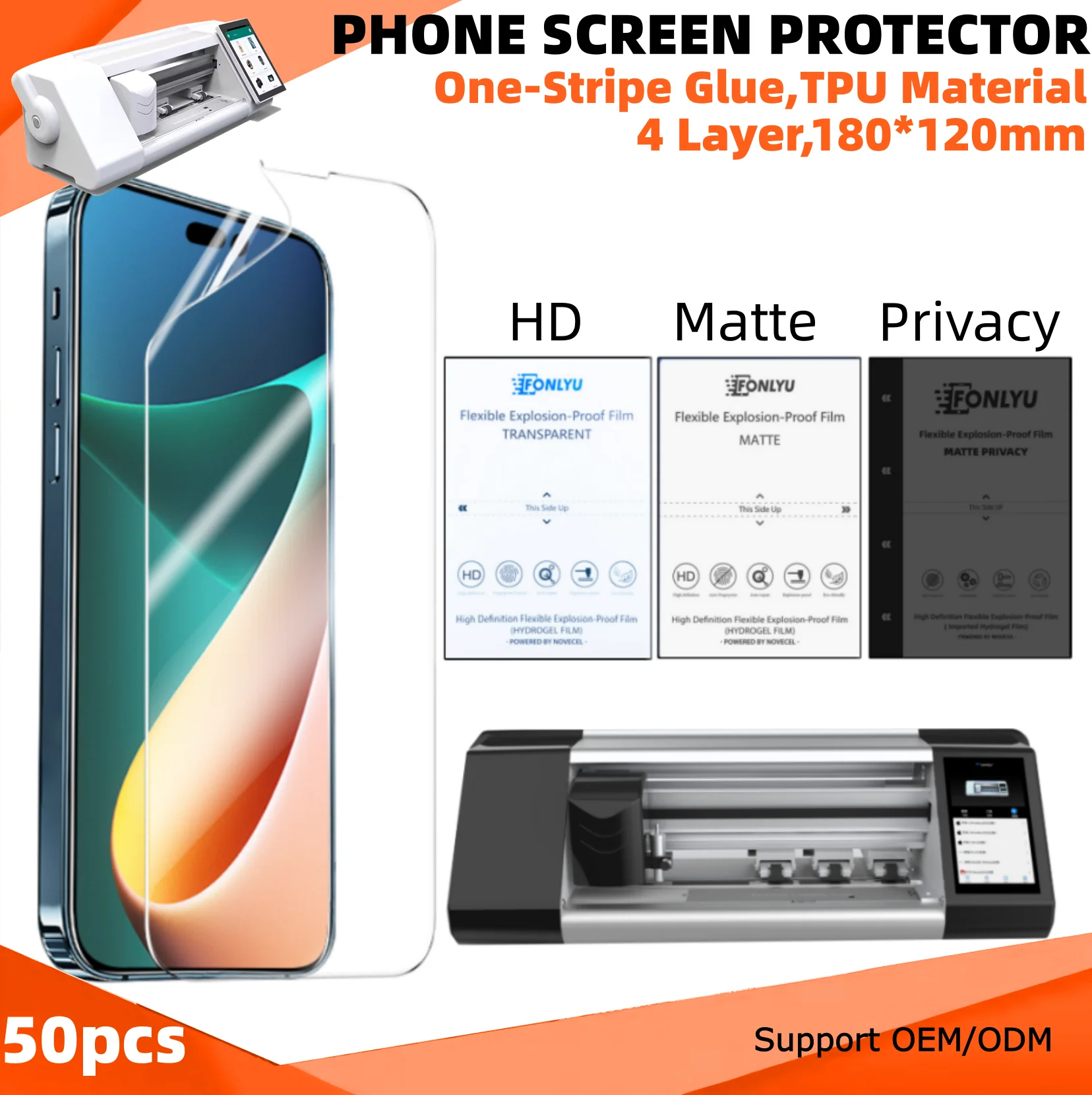 50pcs TPU HD Matte Privacy Flexible Hydrogel Film Movies Soft Mobile Phone Explosion-Poof Screen Protector for Cutter Machine