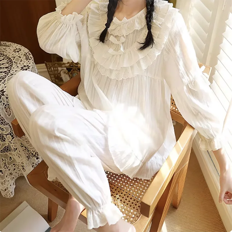 Cute Women Princess Ruffle Pajama Sets Tops+Pants.Vintage Lady White Jacquard Cloth Pyjamas Set Victorian Girl\'s Home Sleepwear