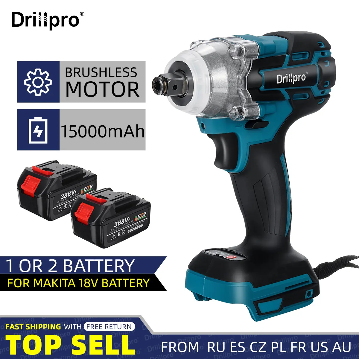 

Drillpro 520N.M Brushless Electric Impact Wrench Ratchet Cordless 1/2 inch Screwdriver Power Tools for 18V Battery