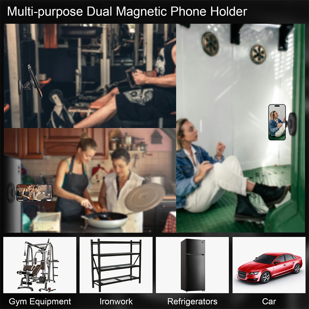 Dual Magnetic Phone Mount Holder with Double Ball Sided Magnet for Gym Record for MagSafe for iPhone & Android Smartphone Stand