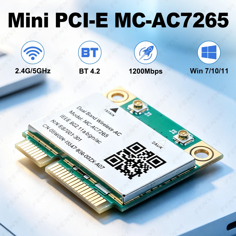 AC1200 Mini PCI-E WiFi Card MC-AC7265 Dual Band 2.4G/5GHz Bluetooth 4.2 Network Adapter 1200Mbps for Windows 7/10/11 Laptop PC