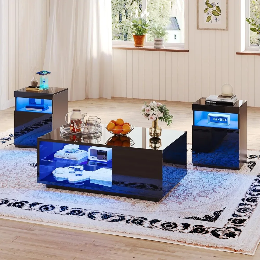 

3-Piece Modern High Gloss LED Table Set, Coffee Table with 20-Color LED Lights, 2 End Tables with Wireless Charging Station