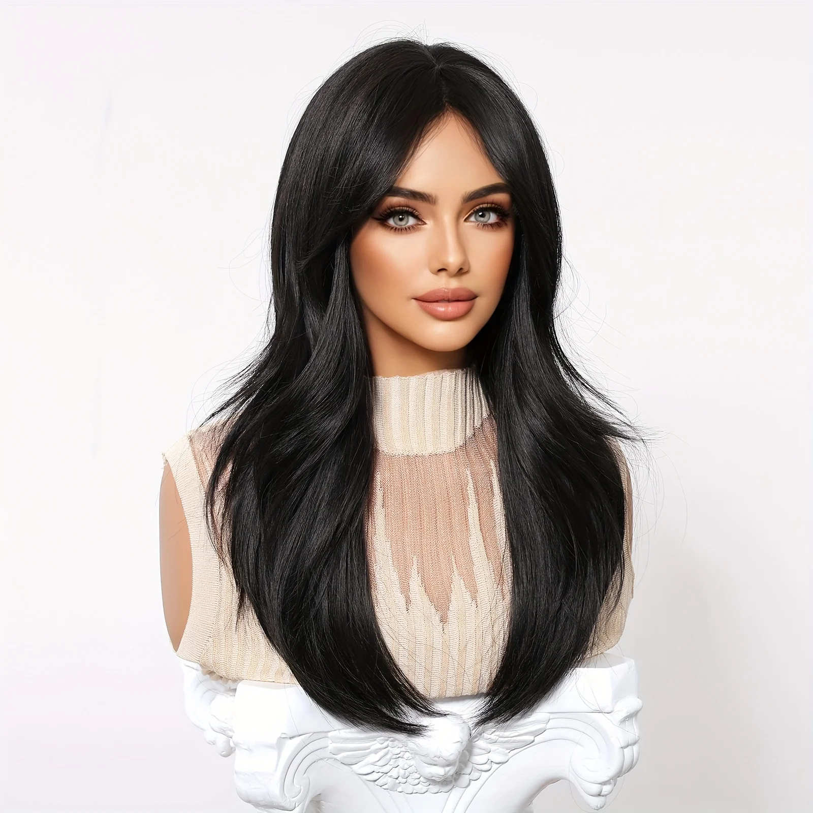 Wig Daily, Black Medium Long Straight Hair, Rose Mesh Cap European and American Ladies