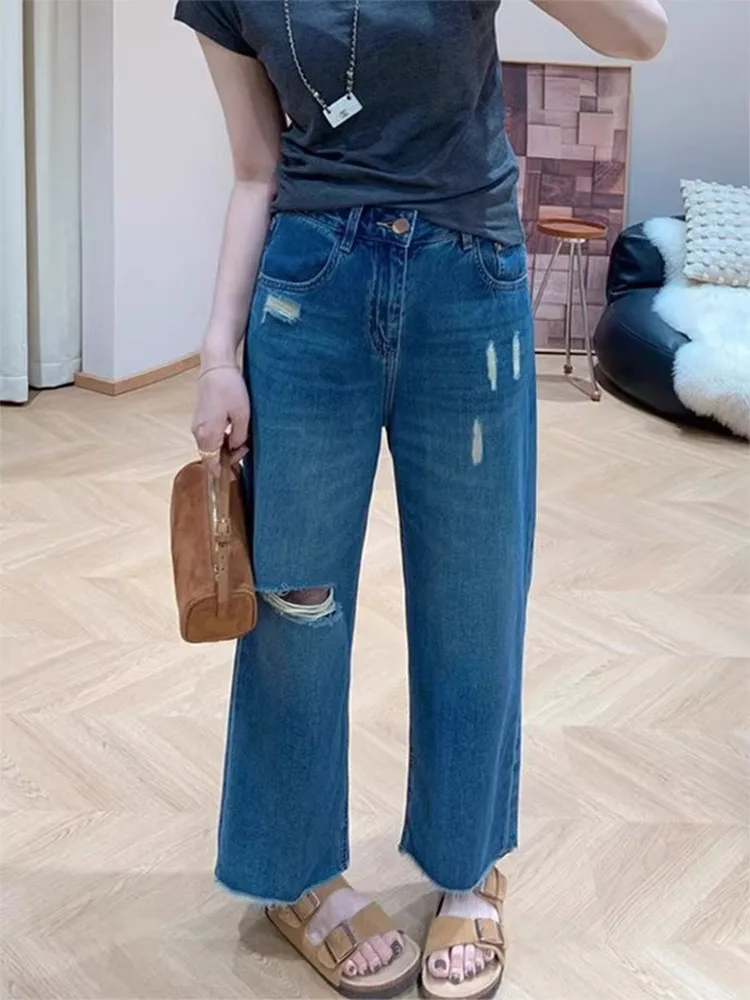 

plus Size American Style Hole Nine Points Jeans Women's Spring Thin Wide Leg Straight Tube Loose High Waist Slimming Denim Pants