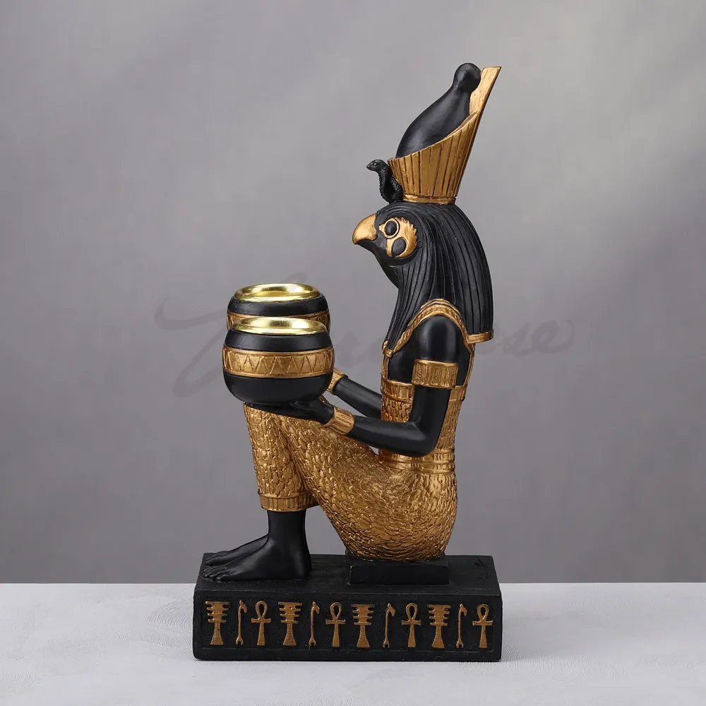 Ancient Egyptian Horus Bird God Resin Statue Double Candle Holder Vintage Egypt Deity Figurine Home Desktop Decorative Ornament