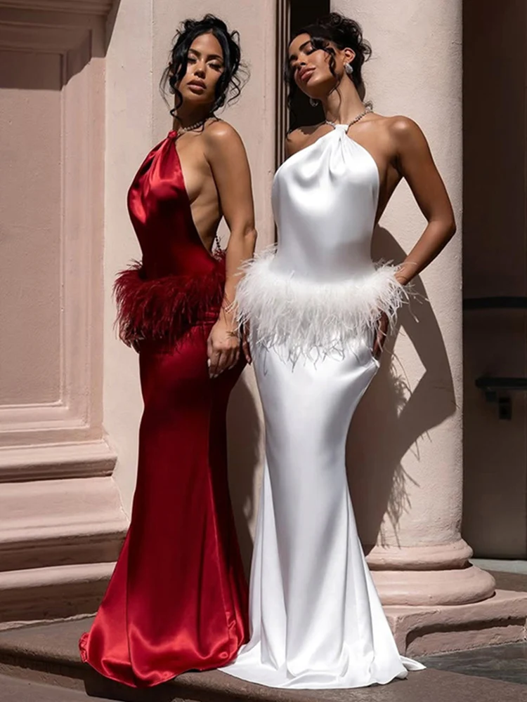 클리우 실키 새틴 우아한 롱 드레스 여성 체인 홀터 백리스 퍼리 패치워크 하이 웨이스트 크리스마스 파티 힙스터 베스티도스