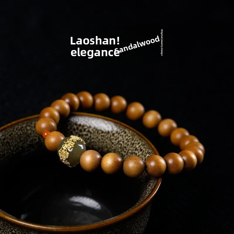 Chinese Style Lucky Blessing Wealth Attracting 8mm Natural Laoshan Sandalwood Beaded Bracelet With Hetian Jasper Red Agate Uniqu