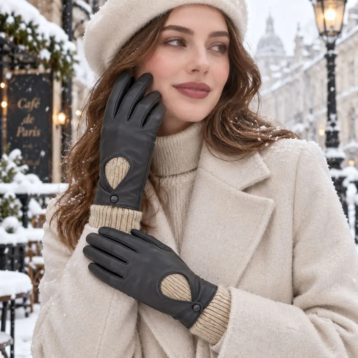 Women’s Fall/Winter Cut-Out Knit Gloves with PU Leather Accents – Stylish, Creative Design for Cold-Weather Warmth