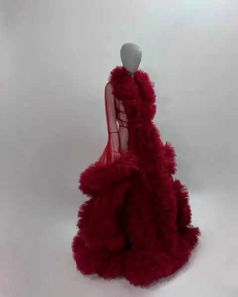 Good Quality Dark Red Ruffles Trimmed Long Tulle Robe Maternity Robe To Photoshoots Illusion Women Maxi Dresses