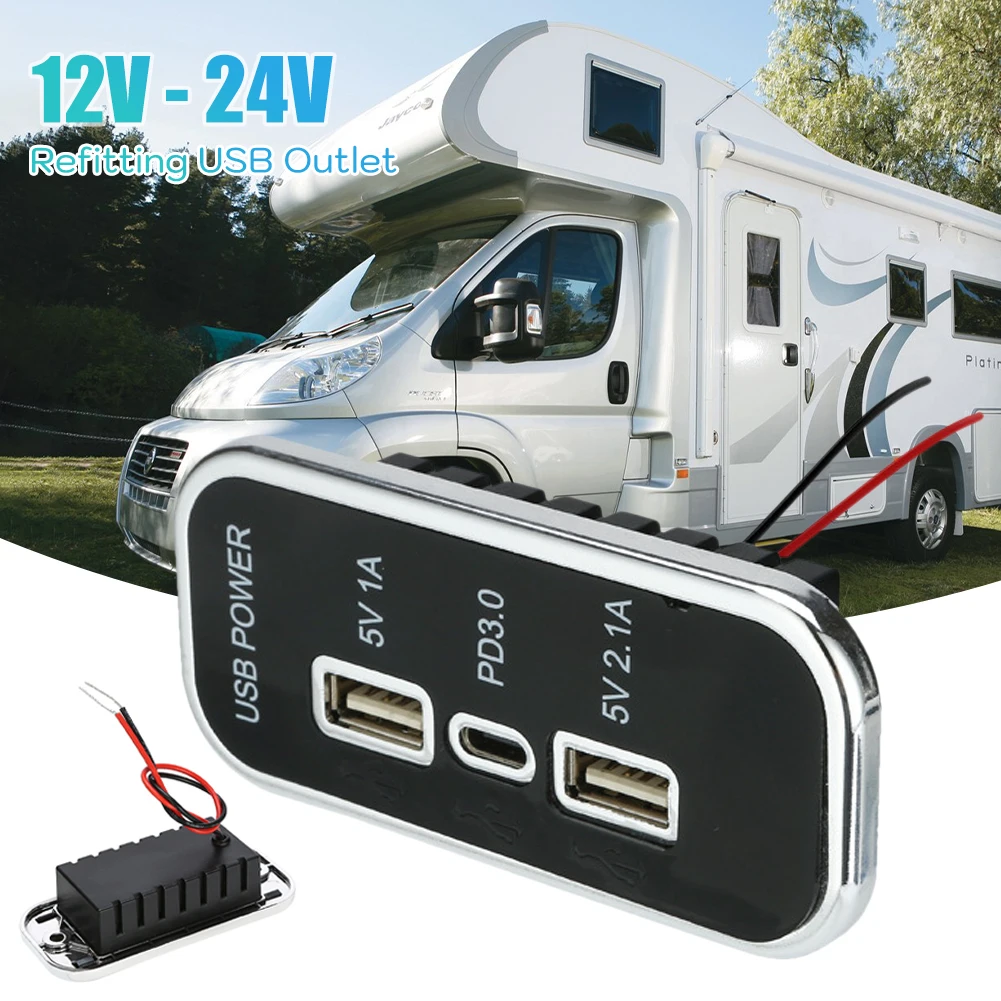 Toma de corriente USB de 12V y 24V 3 puertos cargador rápido USB PD tipo C adaptador de toma de corriente para RV, barco marino autocaravana