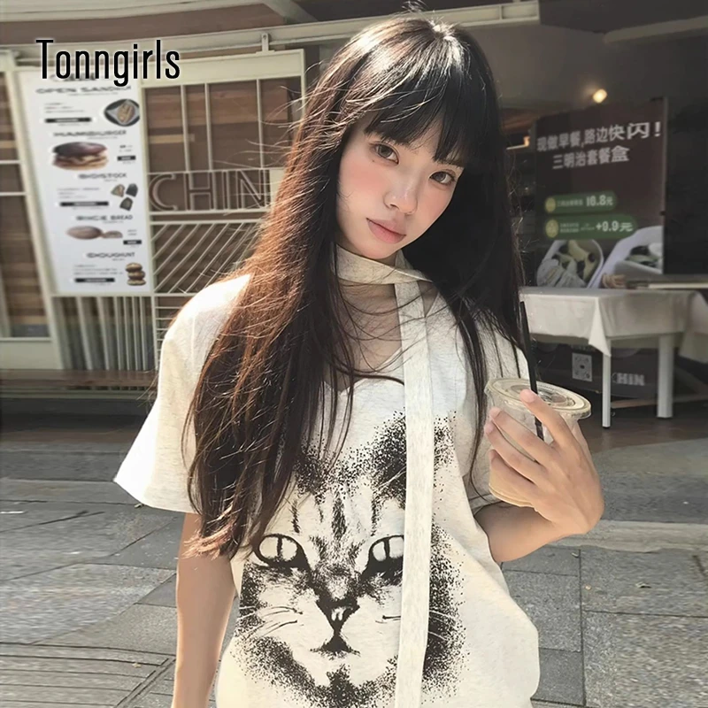 Tonngirls الكورية نمط تي شيرت المرأة الخامس الرقبة فضفاضة عادية المحملة القمم Y2k خمر الجرونج القمم اليابانية 2000s طباعة الجرافيك القمم