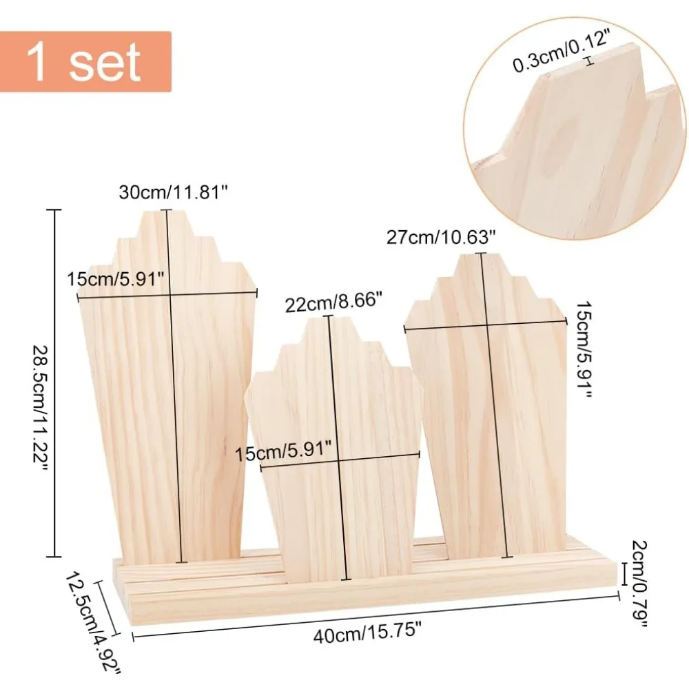 Wood Necklace Display Stands with 3-Row Holder and 3 Removable Displays Wood Plank Necklace Storage Holder Bust Easel