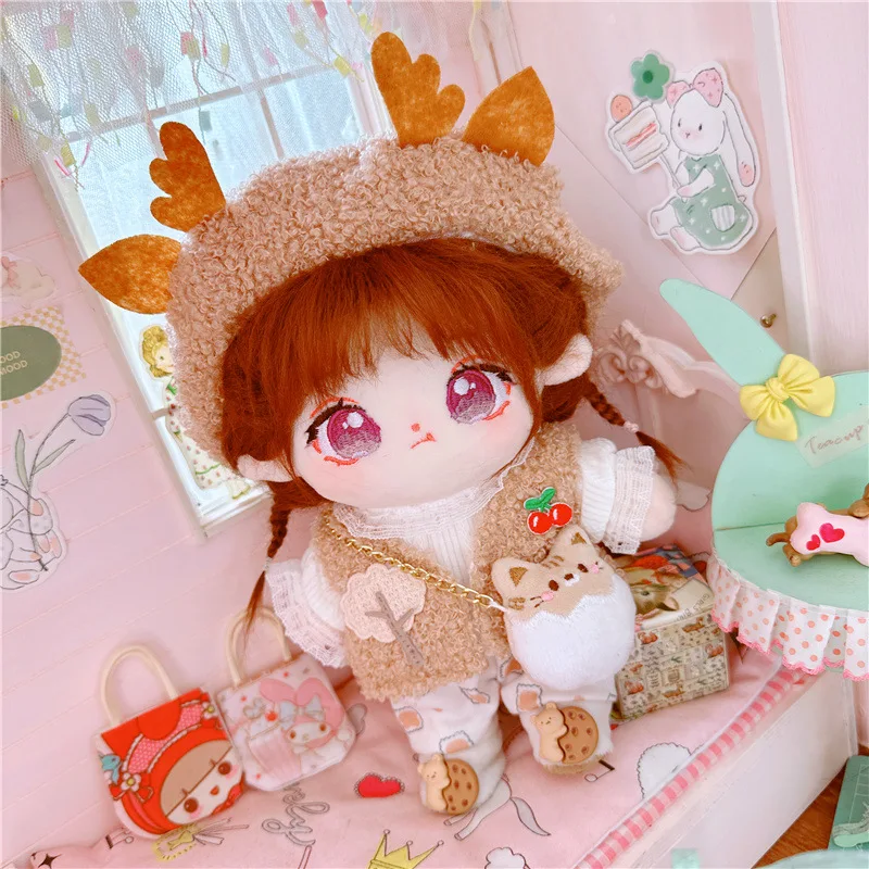 

20cm Cute Idol Doll Wear Teddy Cherry Deer Set Clothes Kawaii Stuffed Cotton Plush No Attributes Naked Doll for Girls Kids Gifts