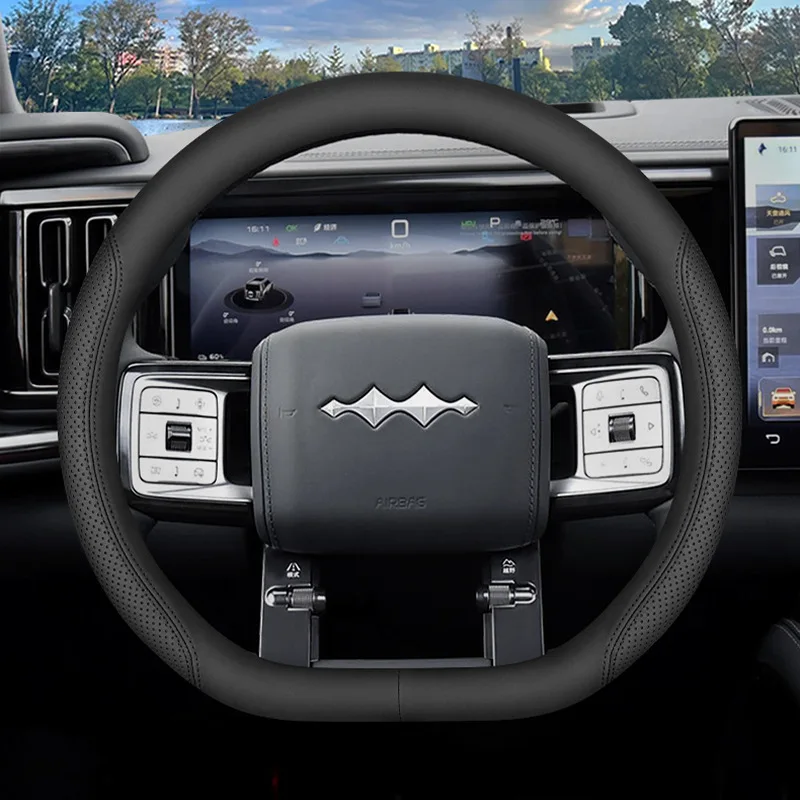 For BYD Leopard 8 Auto Steering Wheel Cover, Premium Nappa Leather Breathable Anti-slip Steering Protective Cover, Car Interior