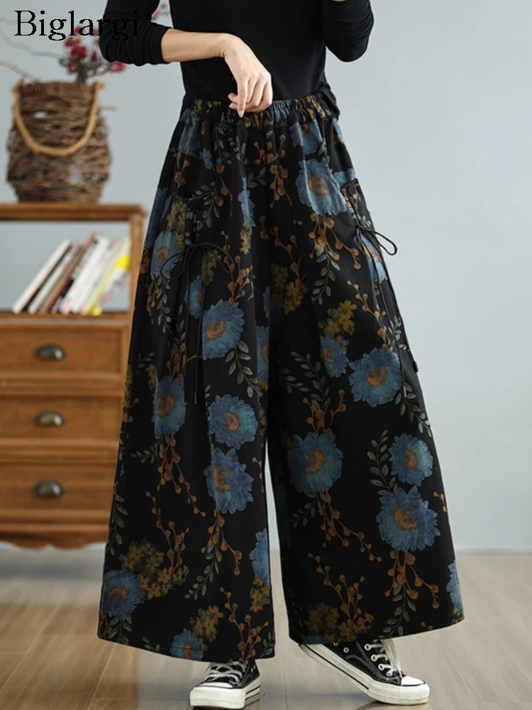 

Jeans Autumn Flower Floral Print Pant Women Modis Loose Pleated Wide Leg Ladies Oversized Trousers Elastic High Waist Woman Pant