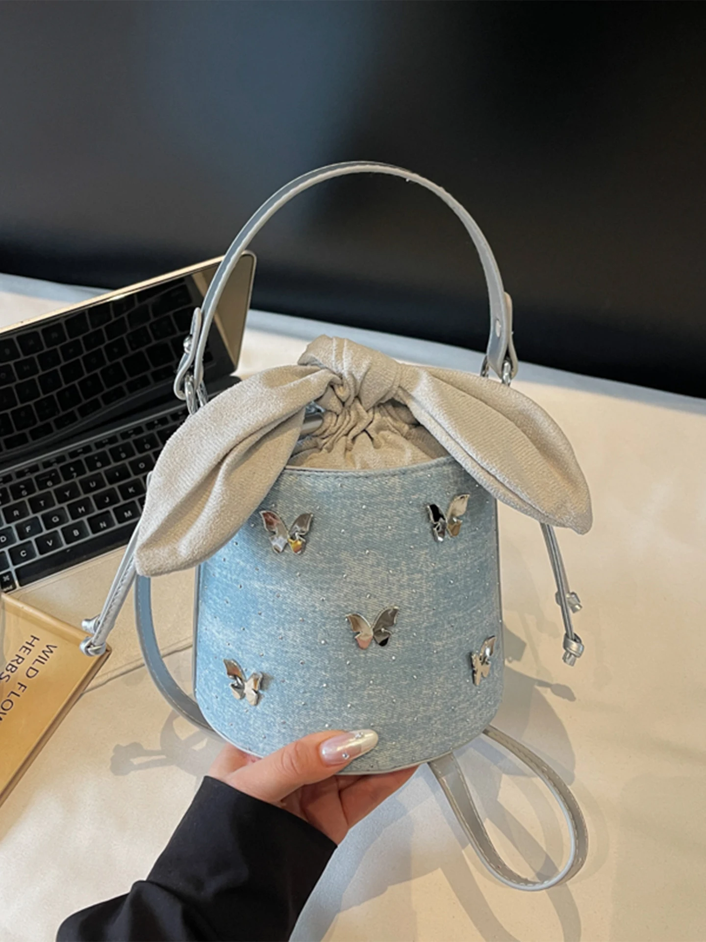 

Chic Rhinestone Denim Handbags for Women Korean Style Fashion Butterfly Decoration Single Shoulder Crossbody Bags 2025 New