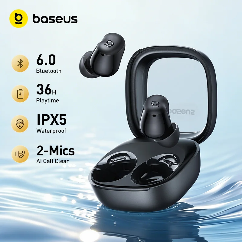 Baseus Bass WM02s Wireless Eabuds Bluetooth 6.0 TWS Eaephones Mini and compact Comfortable wear, 36 hours Long Battery Life IPX5