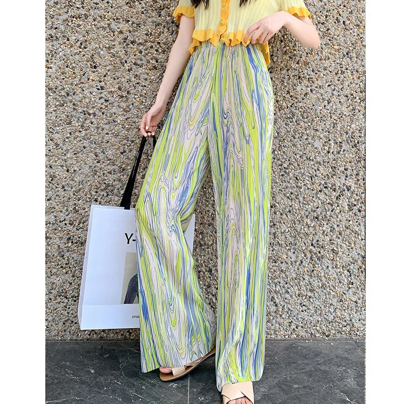 Female Summer Tie Dye Casual Drape Wide-leg Pants Leopard Print Soft Cool Touch Pleated Long Trousers