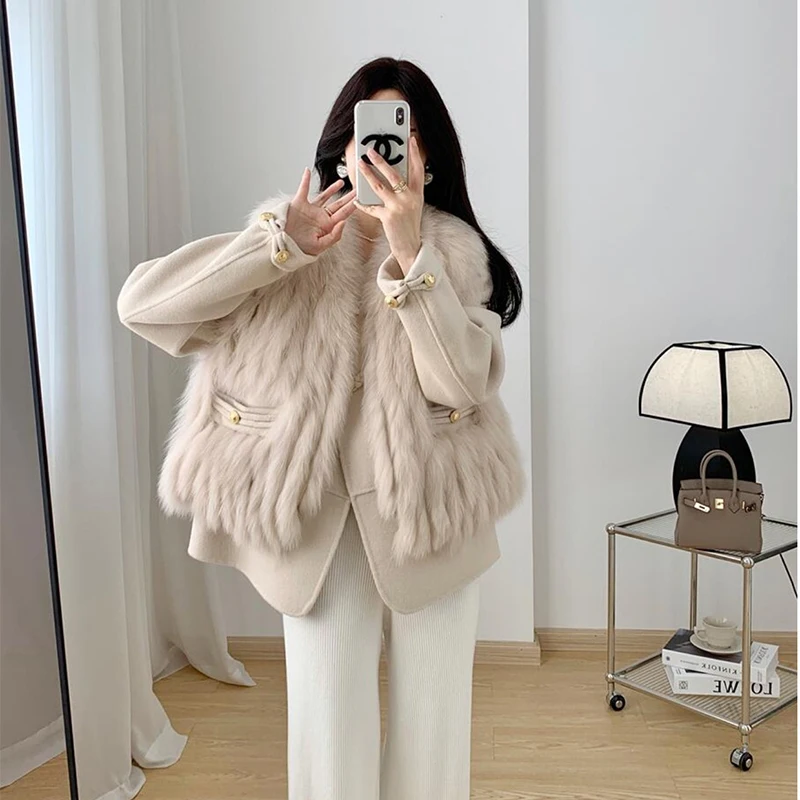 2023 High Quality Wool Coat Two Piece Women\'s Spring and Autumn Fashion Short Fox Fur Grass Vest O-Neck Gold button real Fur Jac